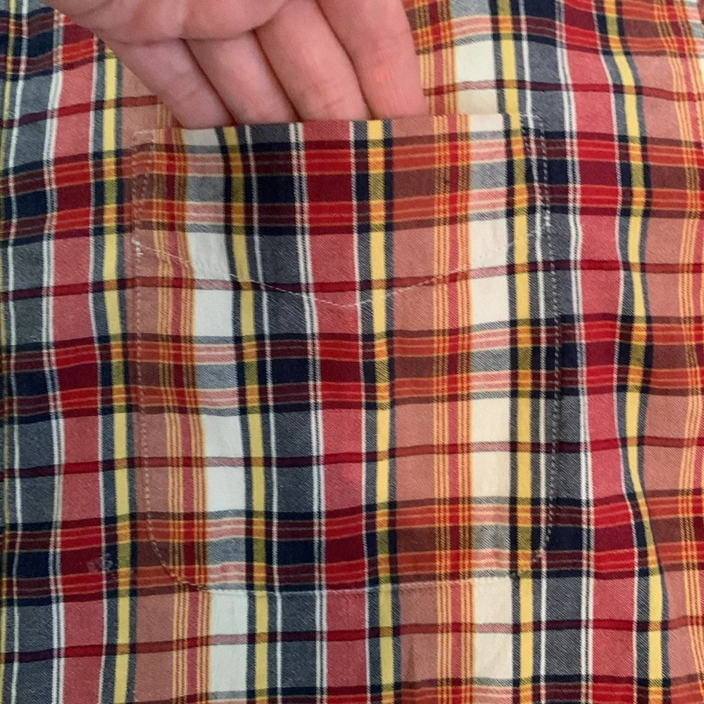 J.Crew Men’s Medium Madras Plaid Short Sleeved Button Down Shirt Red Blue Pocket